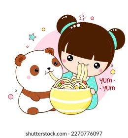 Cute little girl and panda eat ramen noodles. Inscription Yum yum. Baby friends girl and panda are happy to eat noodles. Square card in kawaii style. Vector illustration EPS8