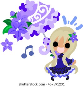 A cute little girl and the parasol of purple flower