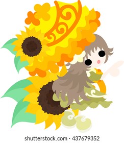 A cute little girl and a parasol of sunflower