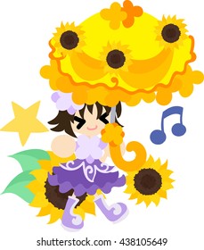 A cute little girl and a parasol of sunflower