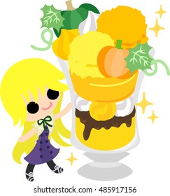 A cute little girl and the parfait of pumpkin