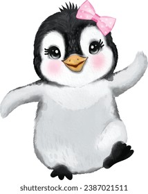 Cute little Girl Penguin with Pink Bow Watercolor image illustration of a baby penguin 