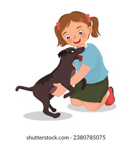 Cute little girl pet lover hugging and playing her dog