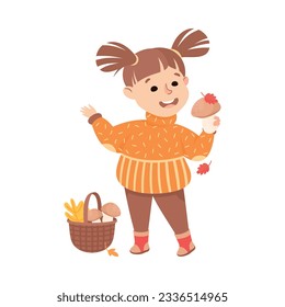 Cute little girl picking up mushrooms. Happy kid playing outdoors cartoon vector illustration
