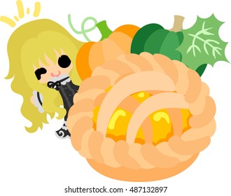 A cute little girl and the pie of pumpkin