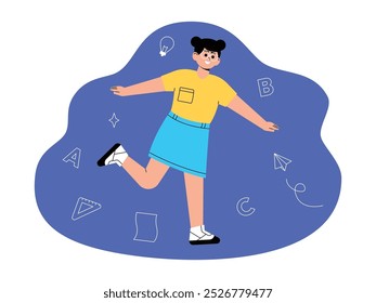 Linda niña con coletas bailando alegremente preparándose para volver a la escuela, Ilustración vectorial.