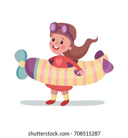 Cute little girl in pilot costume playing with toy airplane, kid dreaming of becoming a spaceman vector Illustration