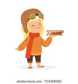 Cute little girl in pilot costume playing with toy plane, kid dreaming of piloting the plane vector Illustration
