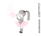 Cute little girl in pink ballerina skirt blowing bubbles. Vector doodle illustration in pink colour for girlish designs like textile apparel print, wall art, poster, stickers, cards and more.