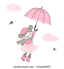 Cute little girl in pink ballerina skirt and stripy scarf flying away in the sky with her pink umbrella. Vector funny doodle illustration for girlish designs like textile apparel print, wall art