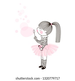 Cute little girl in pink ballerina skirt blowing bubbles. Vector doodle illustration in pink colour for girlish designs like textile apparel print, wall art, poster, stickers, cards and more.