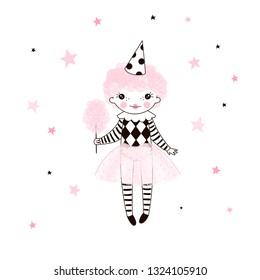 Cute little girl in pink ballerina skirt, party cap cone with candy cotton drawn on starry background. Simple minimalistic vector doodle illustration for girls. Perfect for textile apparel t-shirt