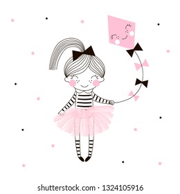 Cute little girl in pink ballerina skirt flies a kite drawn on dotty background. Simple minimalistic vector doodle illustration for girls. Perfect for textile apparel t-shirt print, wall art, poster