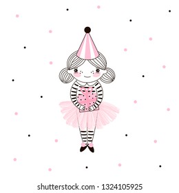 Cute little girl in pink ballerina skirt, party cap cone with present box drawn on dotty background. Simple minimalistic vector doodle illustration for girls. Perfect for textile apparel t-shirt print
