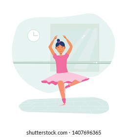 Cute little girl in pink ballet tutu skirt and point slippers practise dancing   in ballet studio class. Kids activity concept, design for banners. Flat vector illustration.