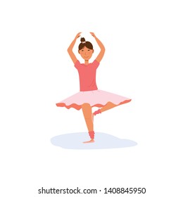 Cute little girl in pink ballet tutu skirt and point slippers practice dancing pas - position number 5 - in ballet studio class. Kids activity concept. Flat vector illustration isolated background.