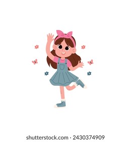 Cute little girl with pink bow on her head, vector illustration