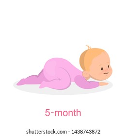 Cute little girl in the pink clothes crawling. Five month old baby. Happy child. Isolated vector illustration in cartoon style
