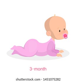 Cute little girl in the pink clothes crawling. Three month old baby. Happy child. Isolated vector illustration in cartoon style