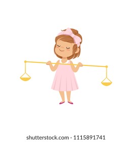 Cute little girl in pink dress holding golden scales of justice vector Illustration on a white background