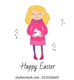 A cute little girl in a pink dress is holding a rabbit in her arms. happy easter. Vector illustration with easter symbol for holiday poster, banner, greeting cards.
