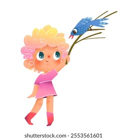 Cute little girl in pink dress and hairplaying with blue bird. Happy child and a bird talking, cartoon for kids. Vector character illustration for children.