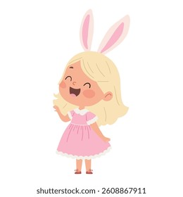 Cute little girl in a pink dress with bunny ears. Easter, spring. Vector illustration