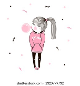 Cute little girl in pink hoodie and chewing gum that she blows into bubble. Vector doodle illustration in pink colour for girlish designs like textile apparel print, wall art, poster, stickers, cards