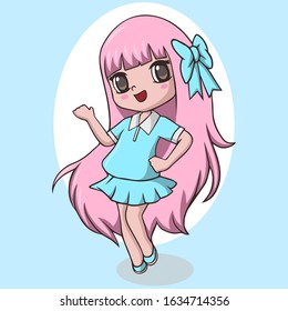 Cute little girl with pink long hair waving