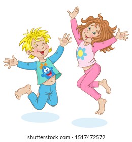 Cute little girl in pink pajamas and funny boy in blue are jumping. Pajama party. Cartoon style. Isolated on white background. Vector illustration.