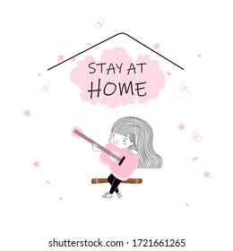 Cute little girl in pink play guitar with swinging on a cloud cartoon for stay at home vector design