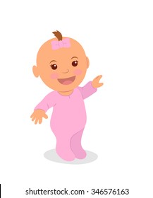 Cute little girl in pink pointing her finger. The newborn girl is isolated on a white background.