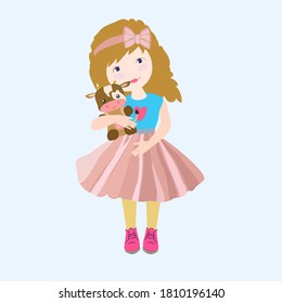 Cute little girl in a pink skirt with a funny toy cow-a symbol of the New year. Suitable for children's products. Vector