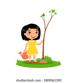 Cute little girl planting tree flat vector illustration. Happy asian kid gardening cartoon character. Child cultivating young green plant isolated on white background. Nature protection concept