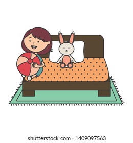 cute little girl with plastic balloon and rabbit in the bed