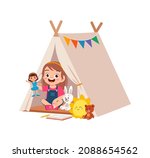 cute little girl play inside small tent