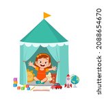 cute little girl play inside small tent