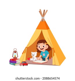 cute little girl play inside small tent