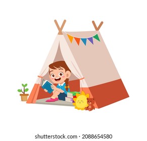 cute little girl play inside small tent