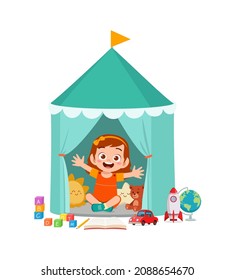 Cute Little Girl Play Inside Small Tent