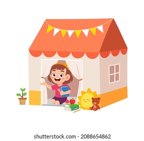 cute little girl play inside small tent