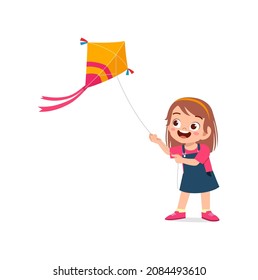 cute little girl play kite outside and feel happy