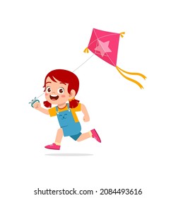 cute little girl play kite outside and feel happy