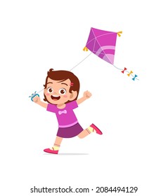 cute little girl play kite outside and feel happy