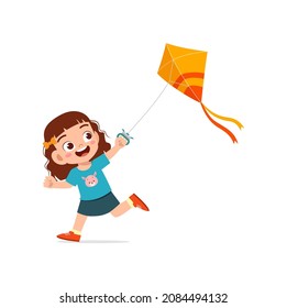 cute little girl play kite outside and feel happy