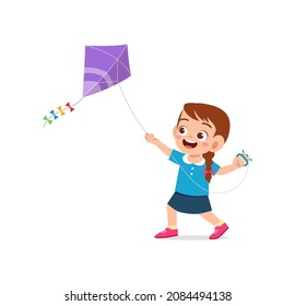 cute little girl play kite outside and feel happy