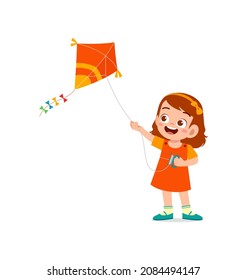 cute little girl play kite outside and feel happy