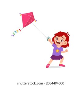 cute little girl play kite outside and feel happy