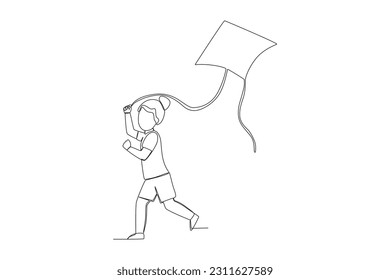 cute little girl play kite outside and feel happy one line