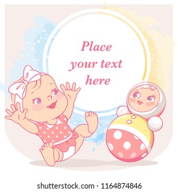 cute little girl play with tumbler toy..  Baby's friend. Happy smiling toy play wave hands. Roly Poly toy. Preset for your blog. Template for mother's page in social media. Vector illustration.